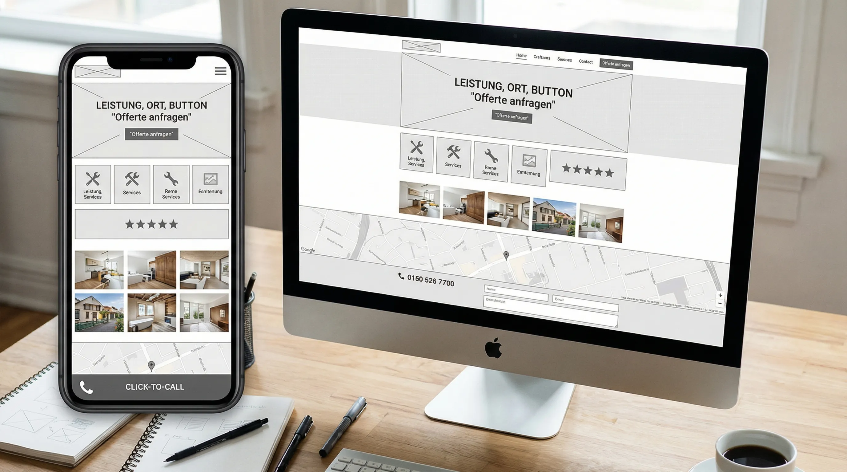 Wireframe einer modernen One-Page Website für einen Handwerksbetrieb
