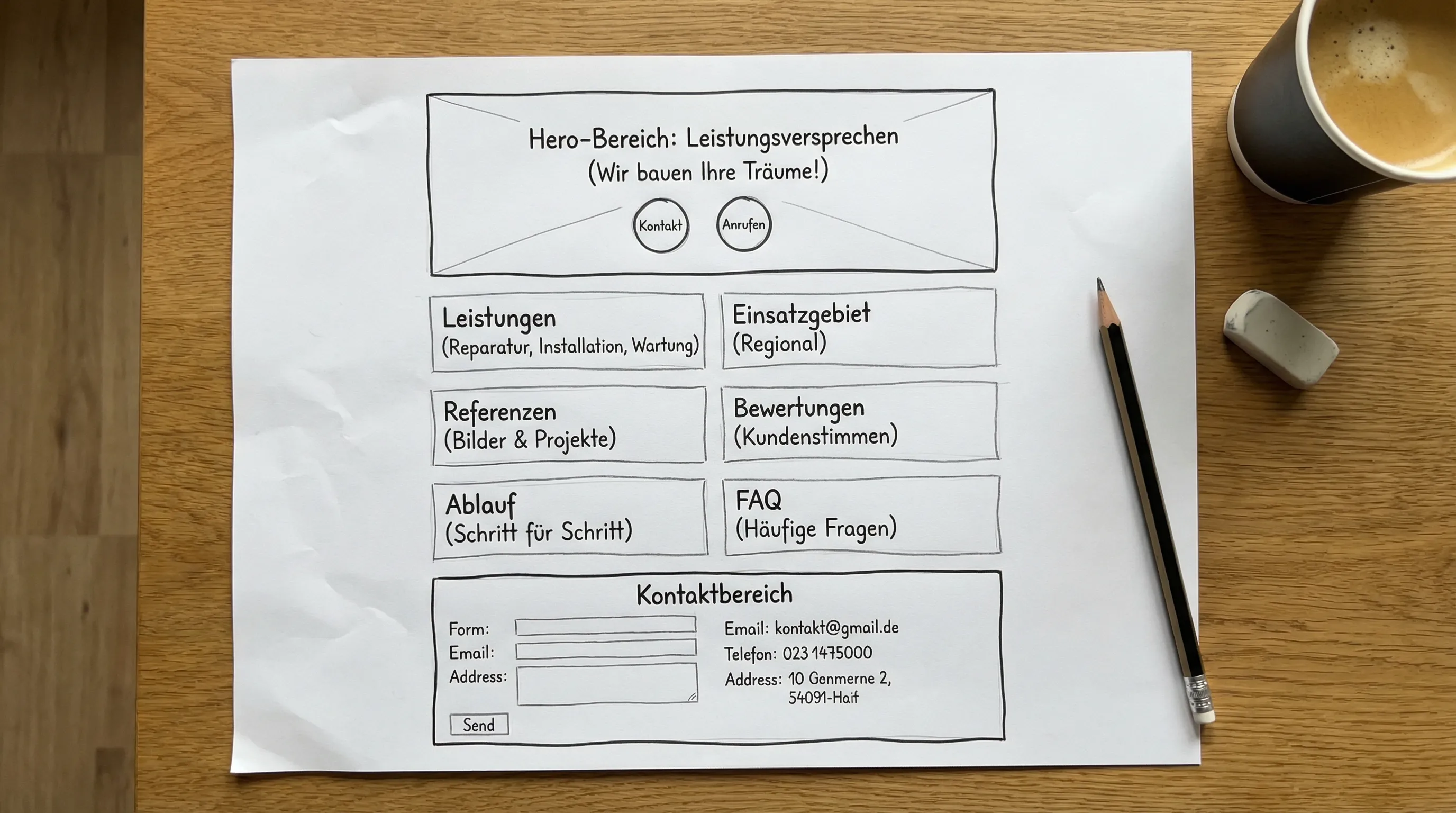 Skizze einer One-Page für Handwerker