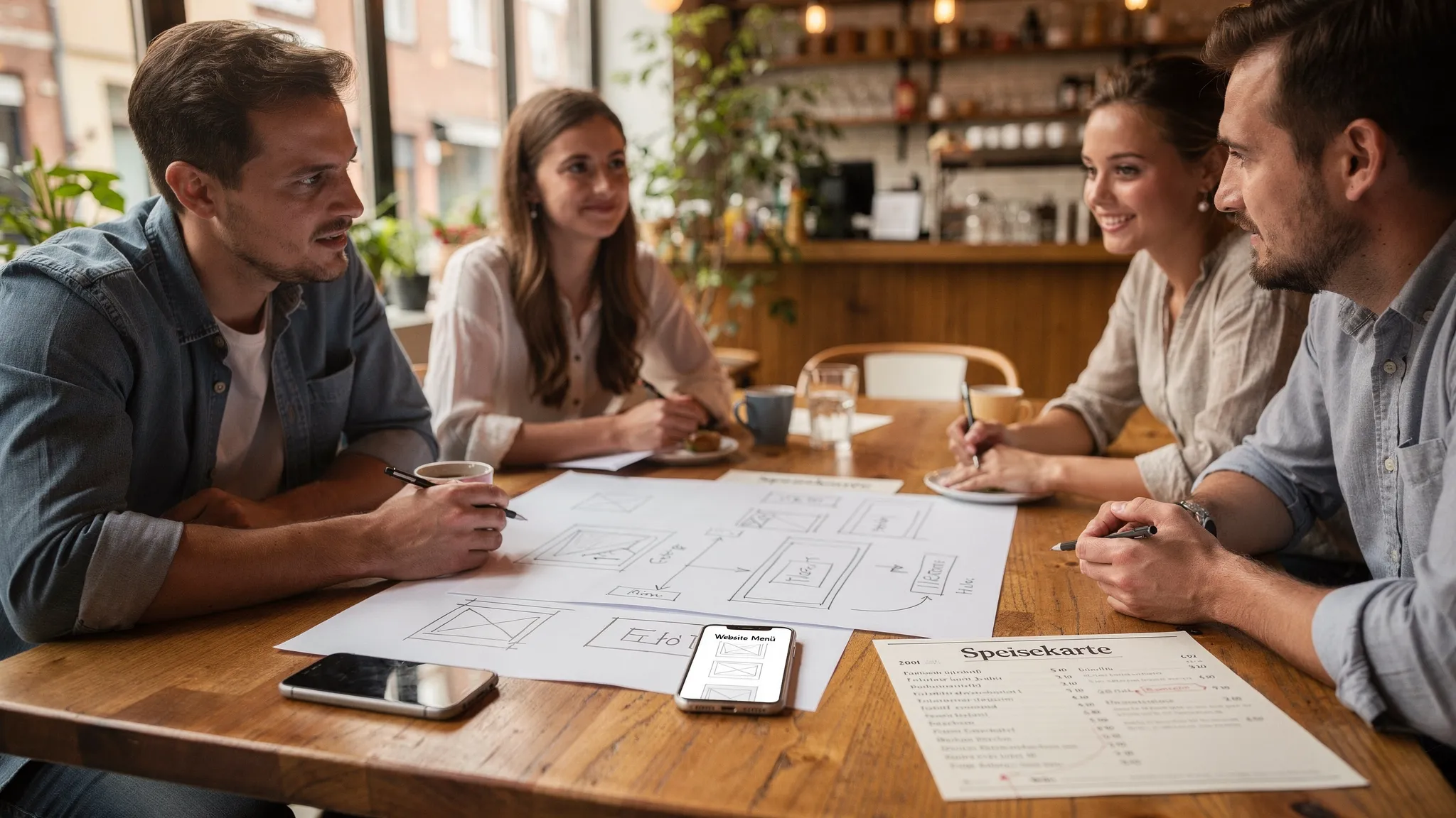 Team bespricht Website-Struktur in einem Cafe
