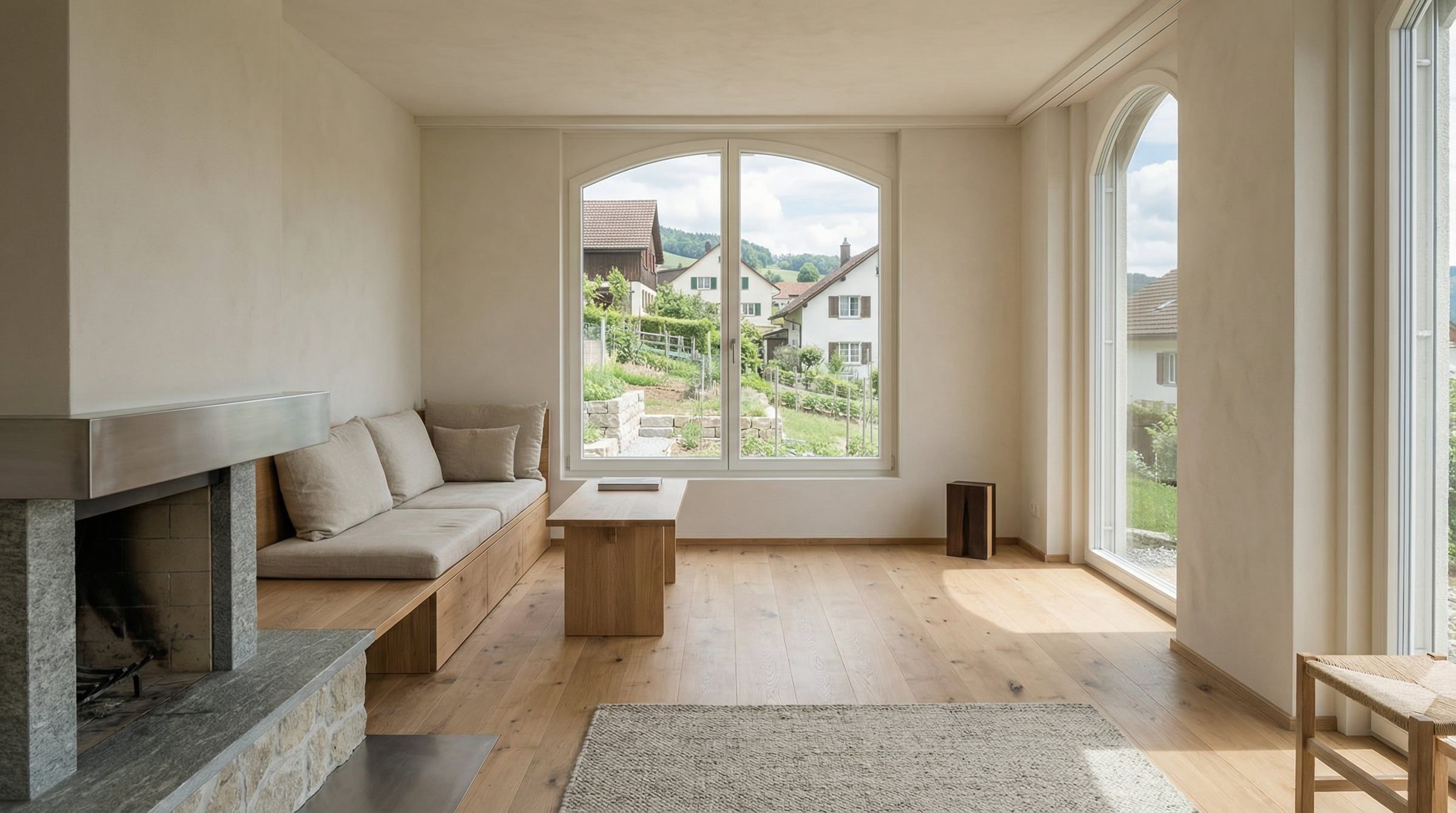 Wohnzimmer nach der Renovation mit hellen Kalkwänden, Rundbogenfenstern und Eichenboden