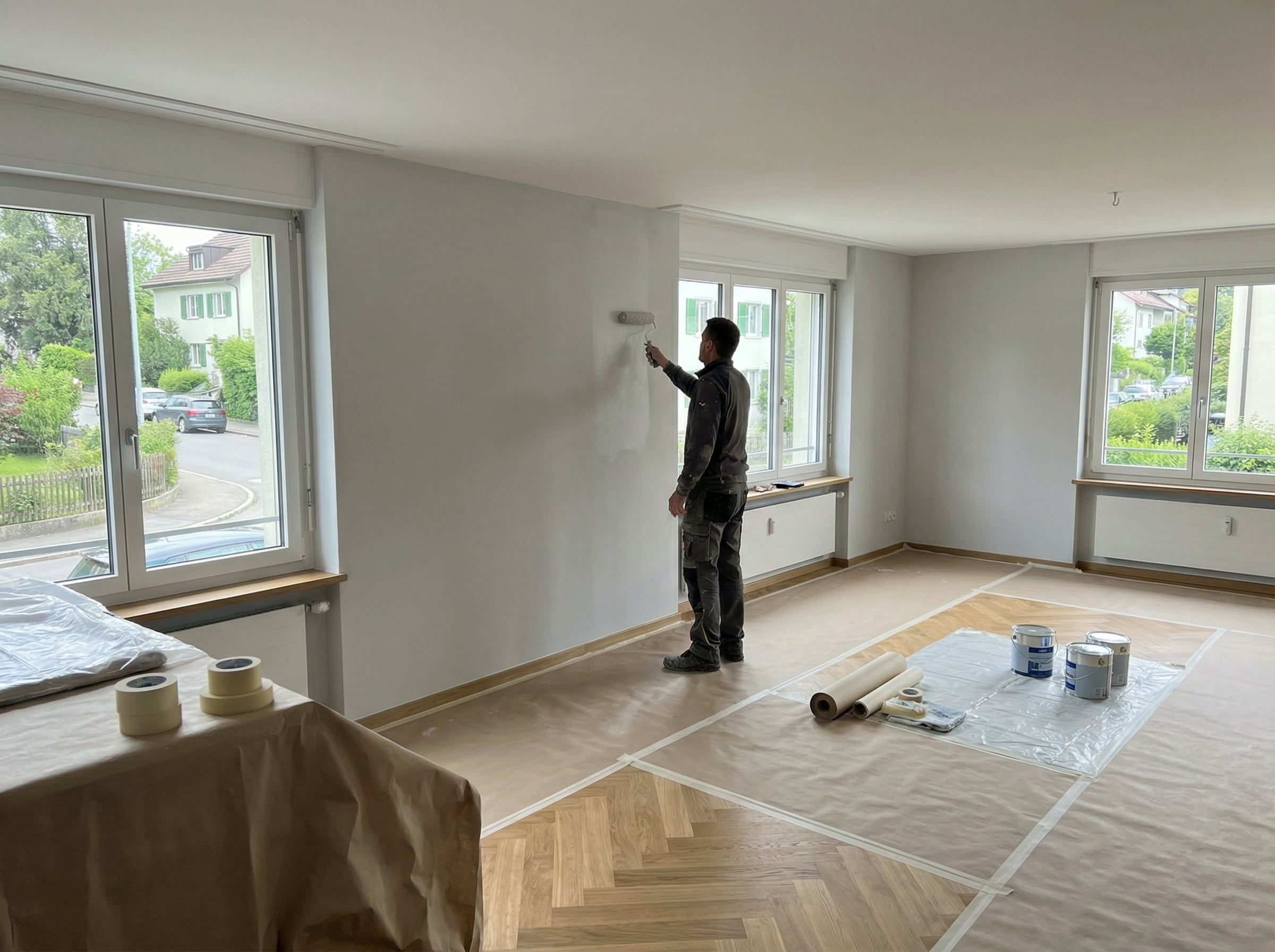 Maler rollt frische Farbe auf eine Wohnzimmerwand