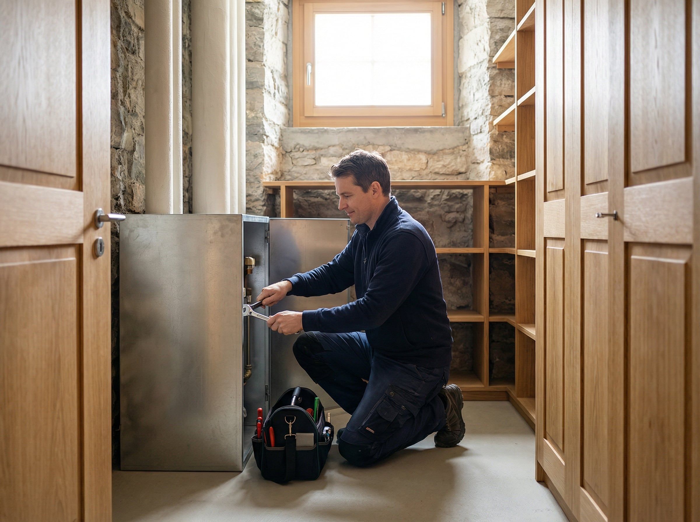 Handwerker kniet mit Werkzeugtasche vor einem Wandschrank und repariert eine Tür
